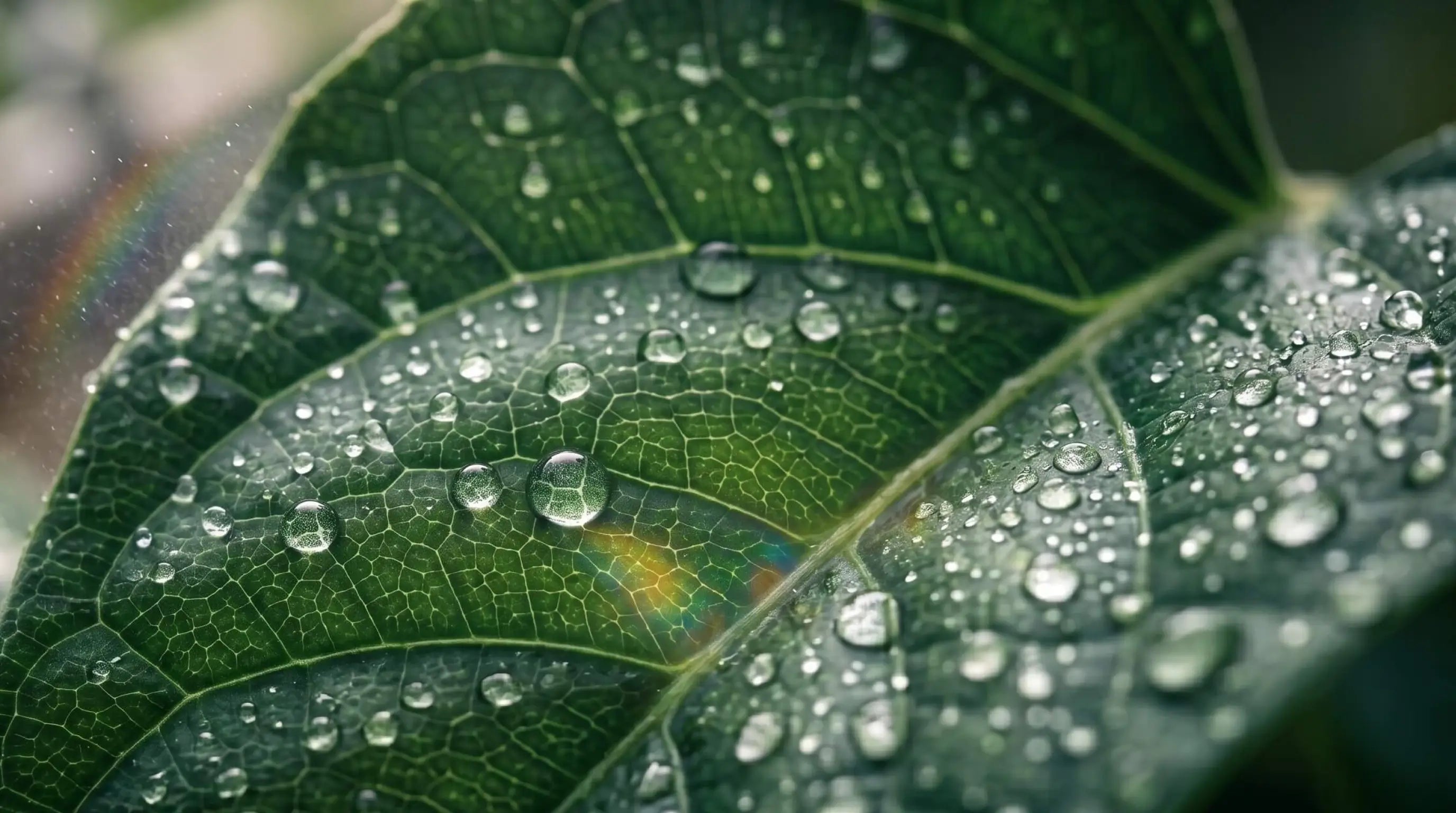 Macro close-up of a lush green leaf covered in fine water droplets from foliar spray application with soft bokeh background