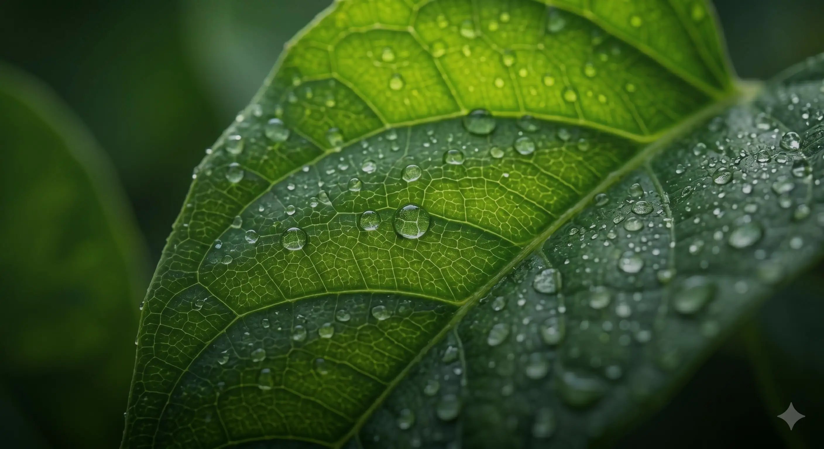 Macro close-up of a bright green leaf with multiple water droplets and visible leaf vein structure