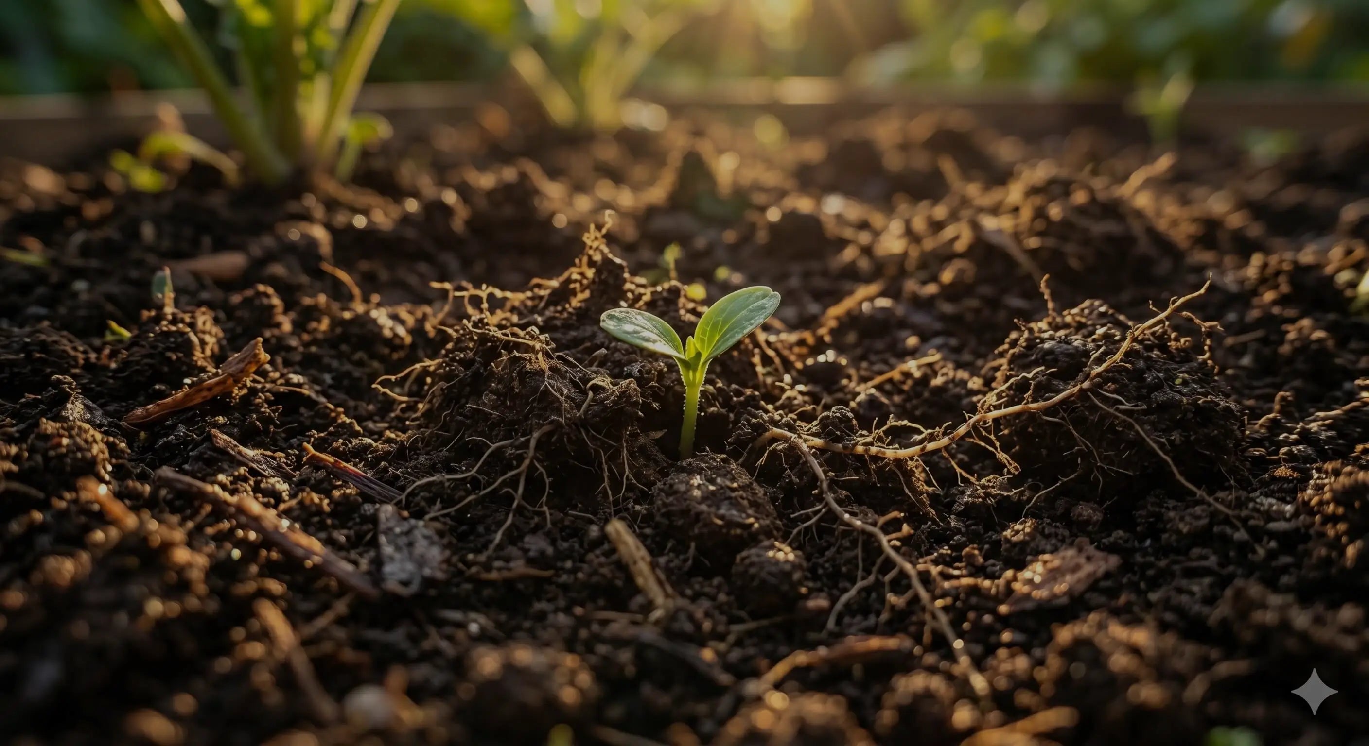 Close-up of dark organic soil with a small green seedling sprouting at golden hour, roots visible in rich earth